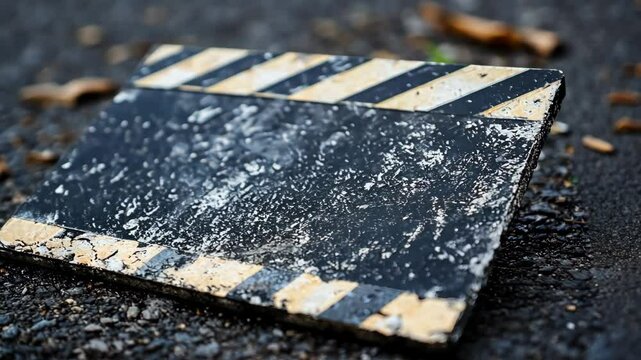 Weathered film clapperboard on the ground after a filming session in an urban setting