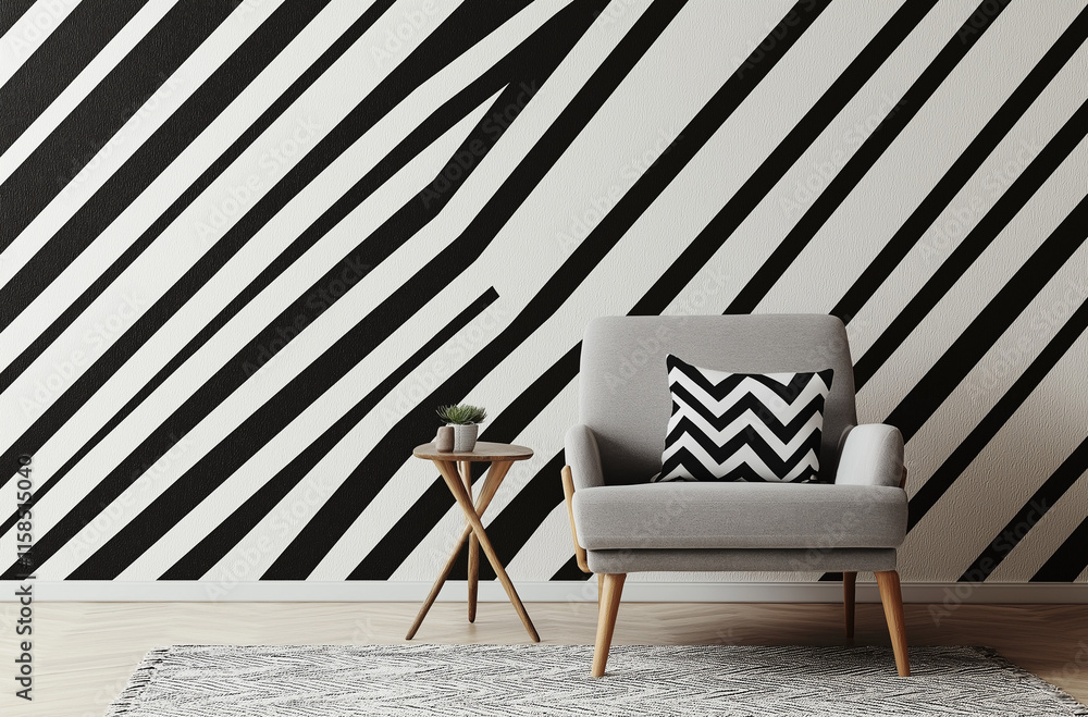 Poster black and white optical illusion pattern with diagonal lines, creating a sense of depth and symmetry