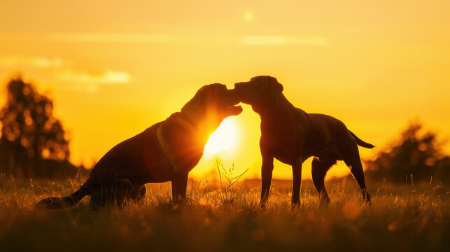 Two Dogs at Sunset on Grassy Field