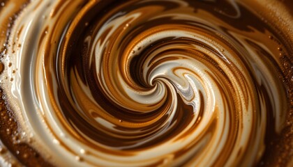 A detailed close-up of a coffee cup with swirling designs highlights the rich color and texture of the coffee within