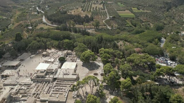 Tourists Walk Around Knossos Ruins Greek Island Of Crete Drone Shot 4K 60FPS