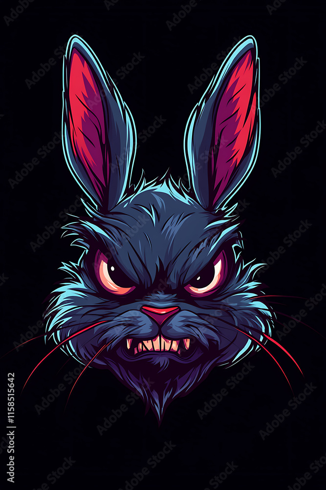 Poster a menacing, stylized rabbit head with sharp features and an intense expression.