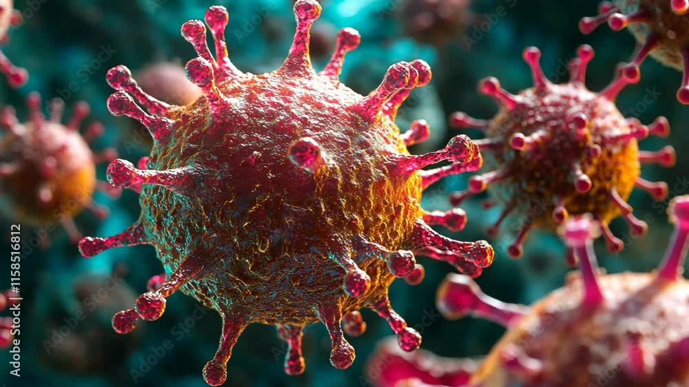 Poster close-up view of a virus highlighting its structure and characteristics in a laboratory setting