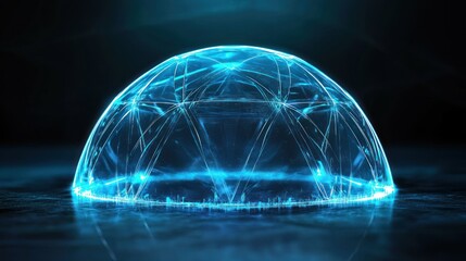 Glowing blue energy dome on dark reflective surface.