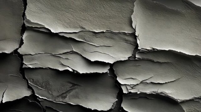 Different layers of cracked, textured surfaces in shades of gray create a compelling visual composition