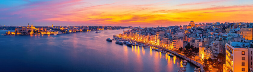 lively harbor at twilight with boats and city lights reflecting on water