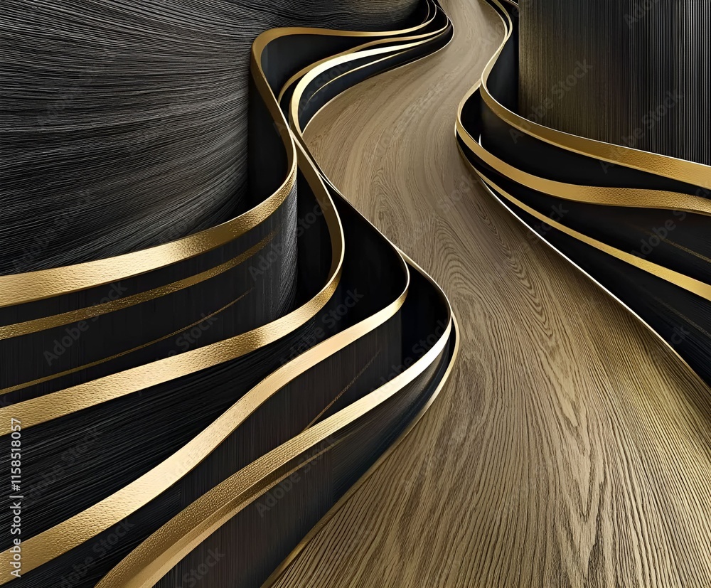 Poster an abstract design with flowing wood textures and intertwined smooth gold ribbons creating a luxurio