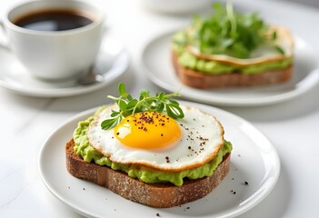 Avocado Egg Toast, Eggs on Toasted Bread with Avocado, Healthy Snack or Breakfast on Bright Background
