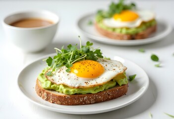 Avocado Egg Toast, Eggs on Toasted Bread with Avocado, Healthy Snack or Breakfast on Bright Background
