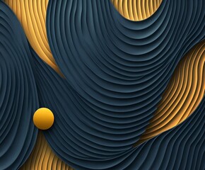 A contemporary abstract design with layered navy and gold curved shapes creating a sense of depth and movement, complemented by a small gold sphere symbolizing elegance and balance.