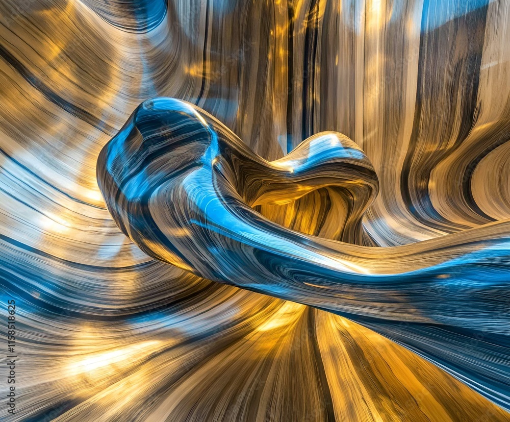 Poster an abstract composition of flowing metallic textures in gold and blue, creating a dynamic play of li