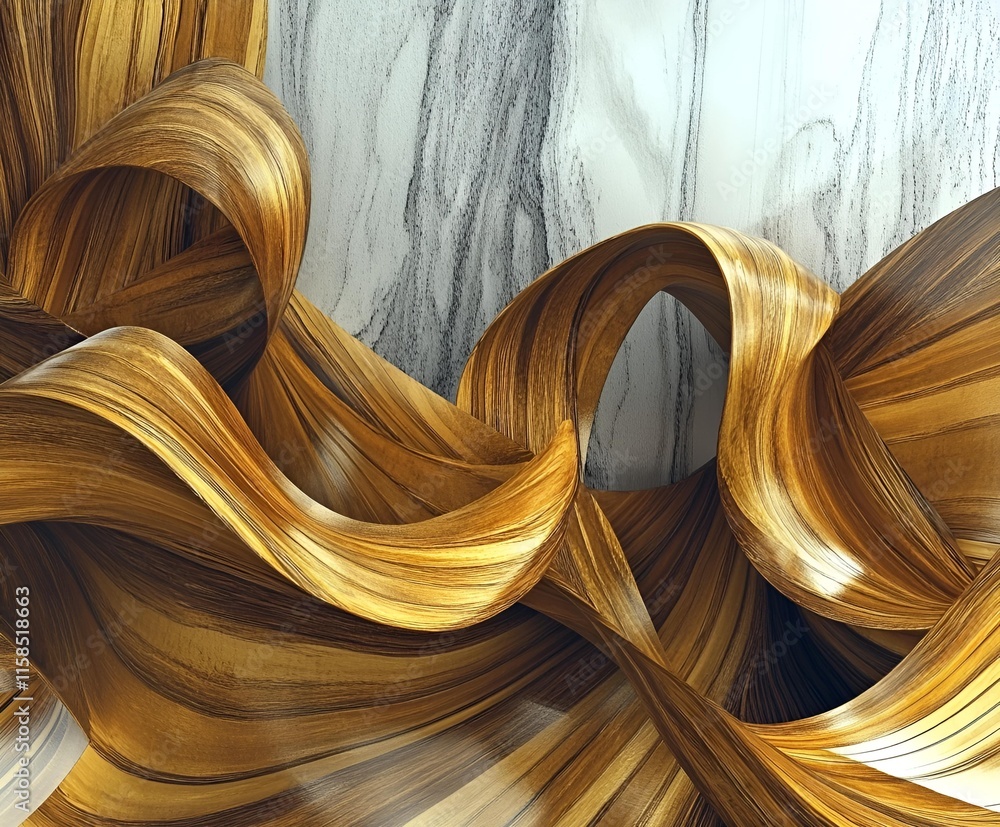 Poster abstract flowing wooden ribbons intertwine with marble textures in the background, combining natural