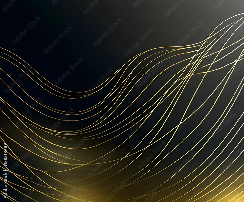 Poster abstract black background with flowing golden lines forming a dynamic wave pattern representing eleg