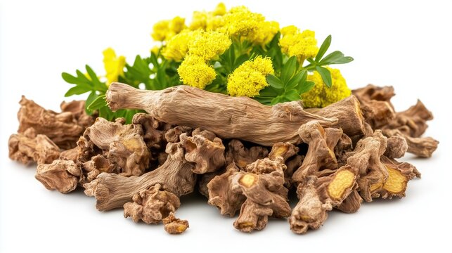 Heap of Rhodiola rosea root, on white background with full depth of field
