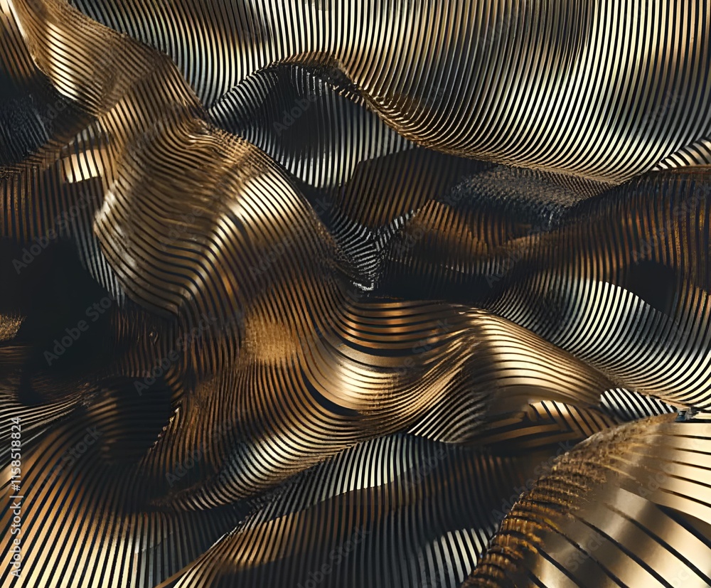 Poster abstract metallic waves in gold and black with fluid striped patterns create a dynamic, futuristic a