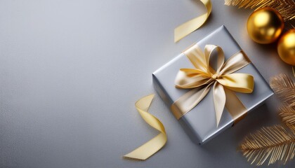 Silver Gift Box with Gold Ribbon on Silver Background. Top View of Wedding Gifts with Copy Space