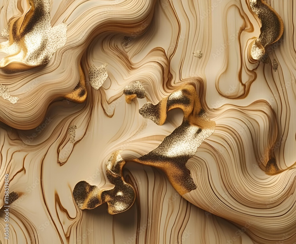 Poster flowing marble-like textures in warm beige and brown tones with shimmering gold accents create a dyn