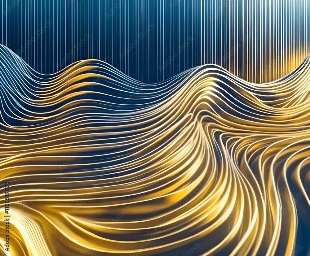 Poster abstract golden waves flowing over a dark blue background with smooth curved lines create a luxuriou