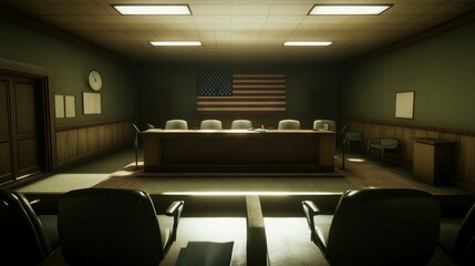 Courthouse building exterior bathed in warm sunset hues, symbolizing justice and order amidst the tranquility of evening light.