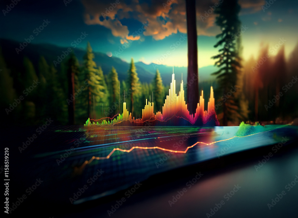 Poster a vibrant digital landscape merges a serene forest scene with dynamic data visualizations, showcasin