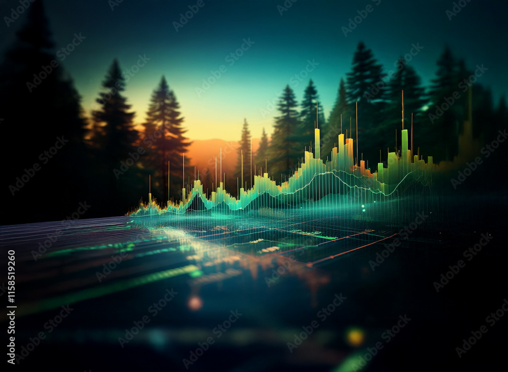 Poster serene sunset over a pine forest with vibrant, abstract data visualization flowing across the foregr