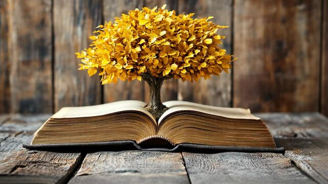 Creative representation of knowledge with a tree growing from an open book on a rustic wooden table featuring autumn foliage
