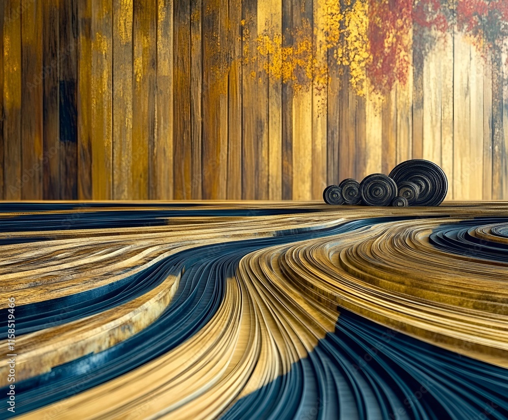 Poster layered wood textures in golden and dark tones create a flowing composition reminiscent of a landsca