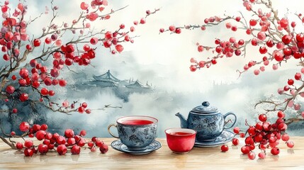 Celebrating chinese new year with a traditional chinese tea set in watercolor style beautiful background and artistic essence