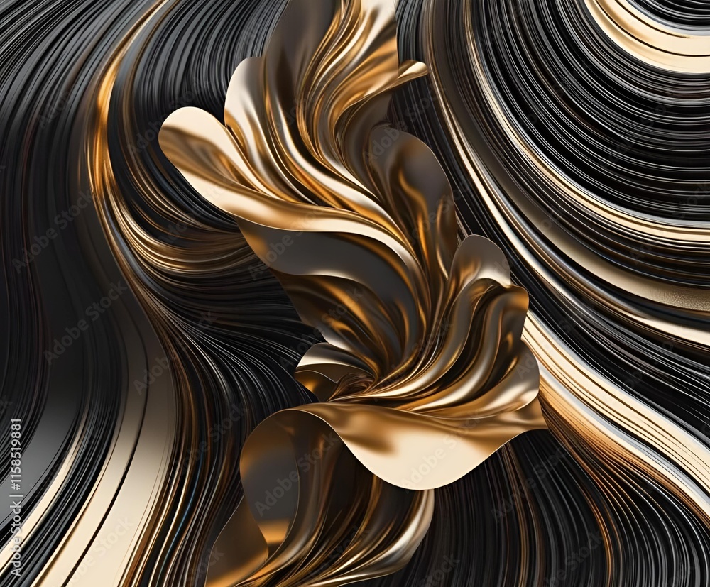 Poster an abstract composition in which dynamic, flowing golden forms intertwine with black wavy textures, 