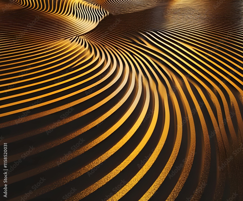 Poster an abstract composition of golden wavy lines creating a dynamic wave pattern with rich depth and tex