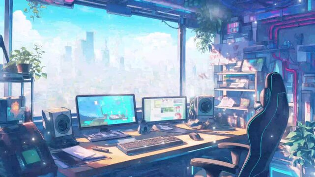A chic workstation with greenery and a stunning city view. glitch stream overlay seamless loop Vtuber streamer asset twitch zoom OBS screen animated wallpaper virtual background