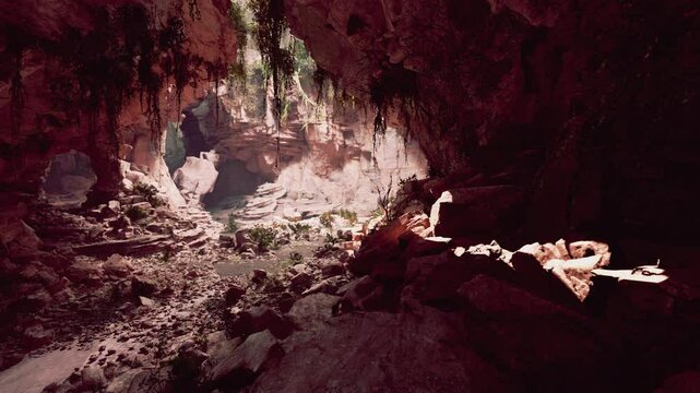 A cave filled with lots of rocks and trees
