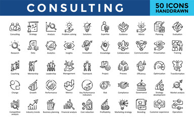 Consulting icons set with consulting, strategy, analysis, problem solving, solutions, expertise, guidance, advice, planning, evaluation icon. Simple handdrawn vector 
