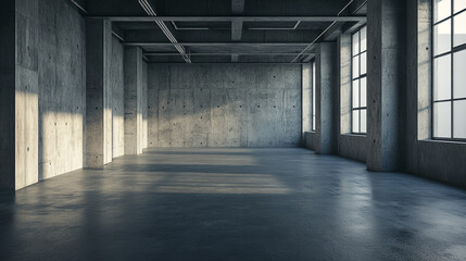 Spacious industrial interior with concrete walls and large windows in modern setting