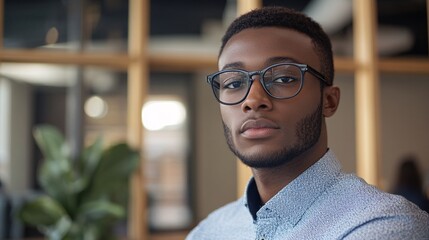 Fototapeta premium Confident young businessman wearing eyeglasses posing in modern office