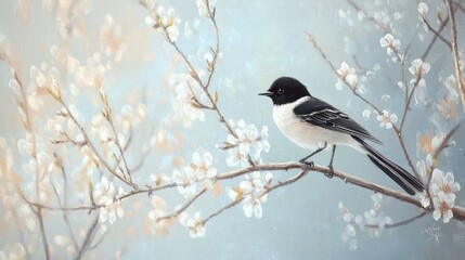 A black-and-white bird perched on a blossoming branch.