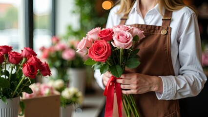 Close-up, woman seller in flower shop holding a bouquet of red and pink flowers in her hands, birthday concept, valentine's day, women's day