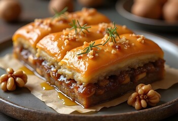 Baklava pieces arranged artistically on a plate, capturing rich textures and vibrant colors, professional food photo with a stunning angle view composition.

