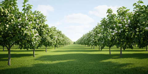 Obraz premium serene orchard in spring with fruit trees in full bloom, showcasing vibrant greenery and blossoms