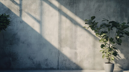 Sunlight casting shadows on a concrete wall with a potted plant in a stylish interior setting