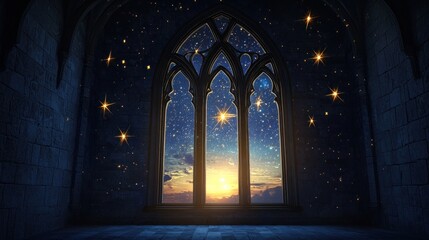 Fototapeta premium Gothic window with sunset and stars.
