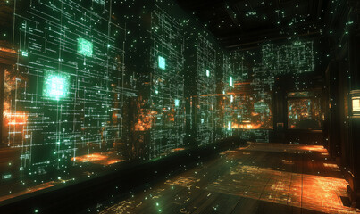 A quantum computing environment with floating, translucent AI algorithms and complex mathematical equations visualized in space