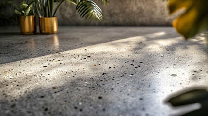 Contemporary indoor space featuring polished concrete floor and potted plants in warm light