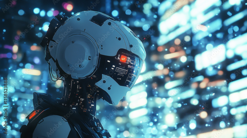 Poster abstract technology artificial intelligence concept big data digital human head in robot and digital