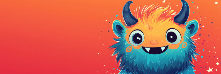 Naklejka premium Anthropomorphic Blue Monster, Whimsical Digital Illustration, Red Curtain Backdrop, Cartoonish Style, Friendly Expression