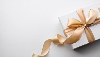 White Gift Box with Champagne Satin Ribbon on White Background. Top View of Wedding Gifts with Copy Space