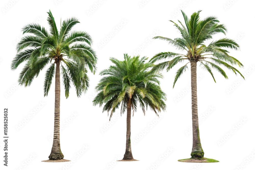 Poster a green-leaved palm tree with a textured trunk stands in isolation, symbolizing tropical serenity an