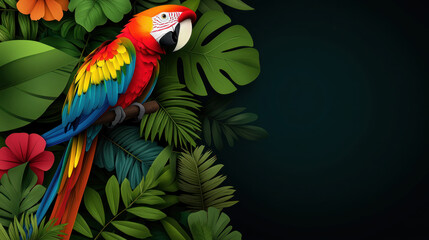 Obraz premium vibrant jungle scene featuring colorful parrot perched among lush green leaves, evoking sense of tropical beauty and