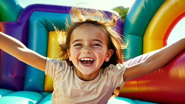 Happy Girl Jumping on Colorful Inflatable Castle