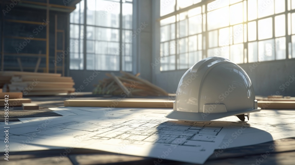 Fototapete sunlight filters through large windows in a construction site, illuminating detailed building plans 